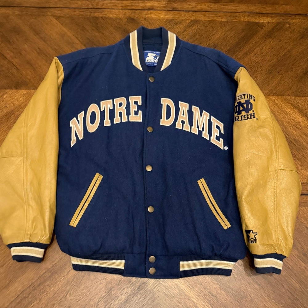 Vintage Starter Notre Dame Fighting Irish Varsity Jacket Navy Gold Leather XL